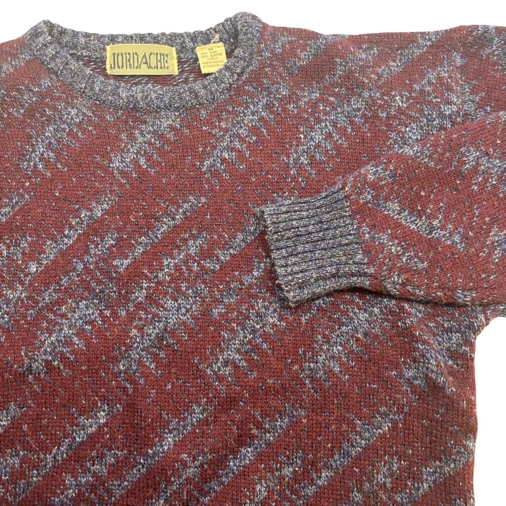 Vintage Jordache Mens Burgundy Blue Wool Blend Abstract Knit Crewneck Sweater M